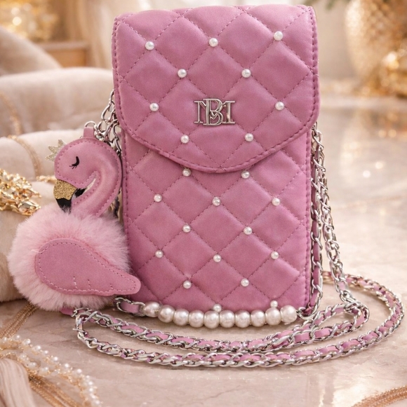 Badgley Mischka Handbags - Badgley Mischka Quilted Pink Pearl-Embellished Crossbody with Flamingo Bag Charm